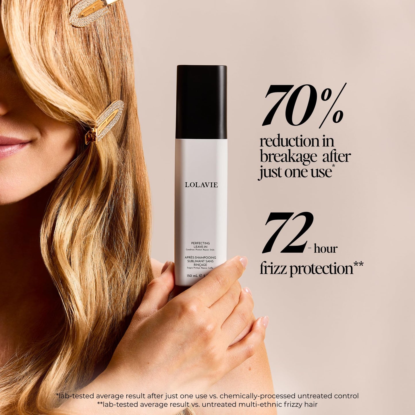 LolaVie Restorative Conditioner travel bottle showing ingredient benefits.