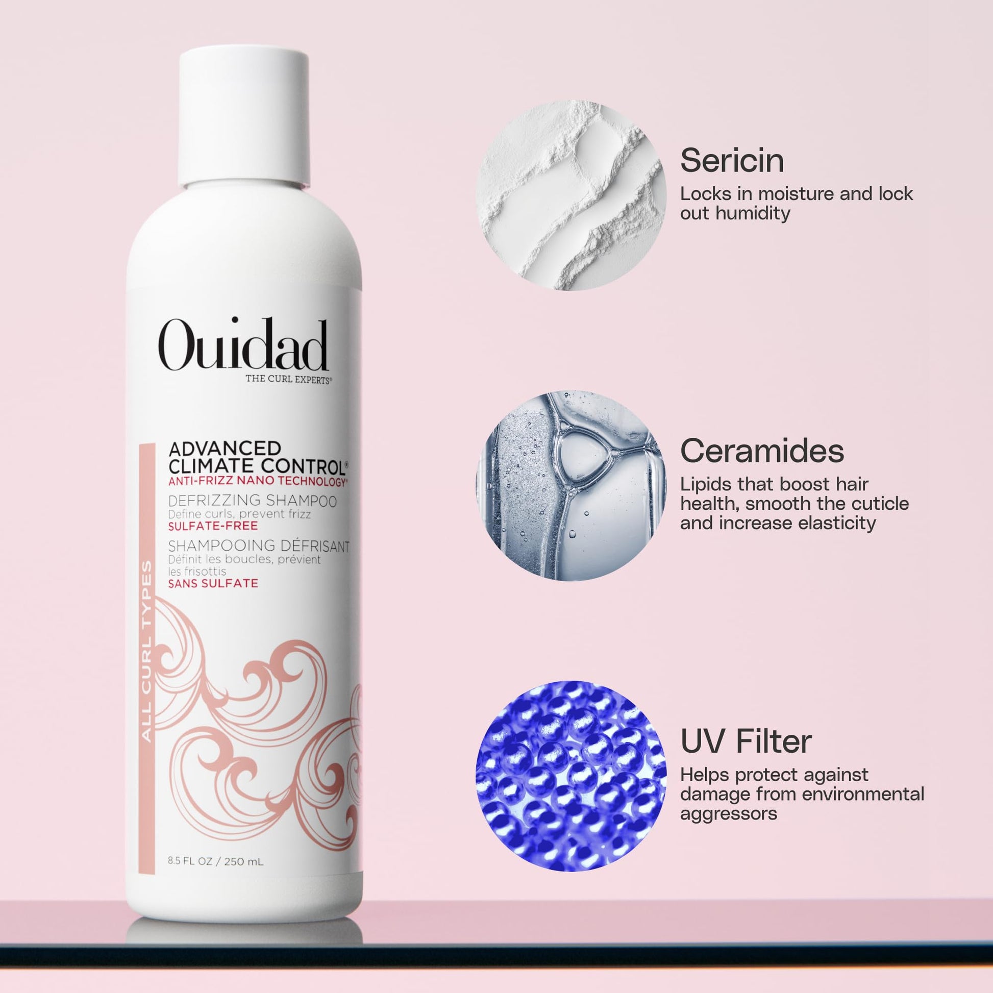 Ouidad Advanced Climate Control three piece set for anti frizz curly hair styling routine.