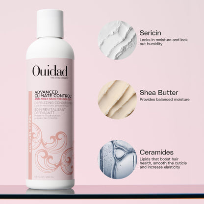 Ouidad heat and humidity gel bottle included in the wash day bundle for curly hair.