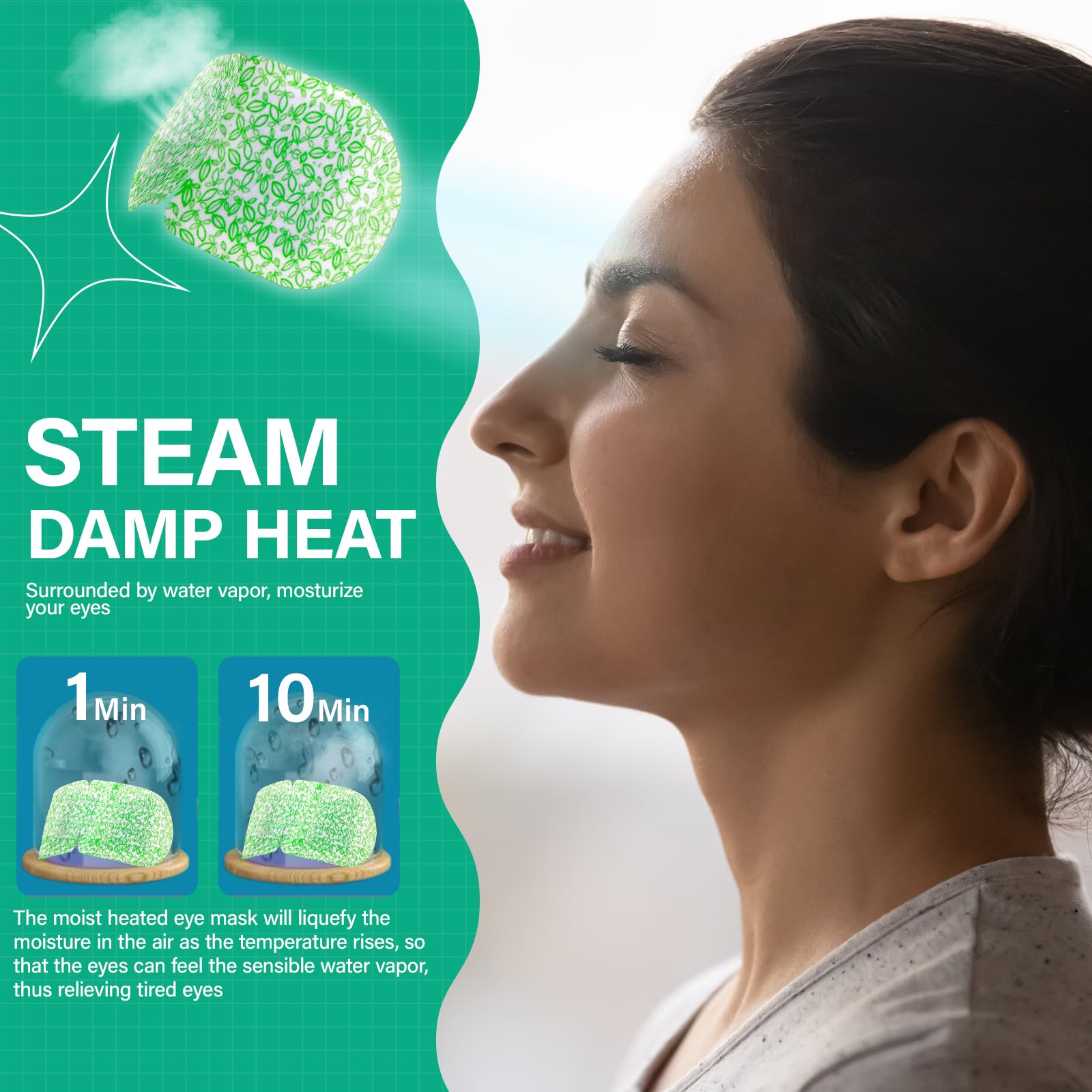 Person relaxing with white steam eye mask on