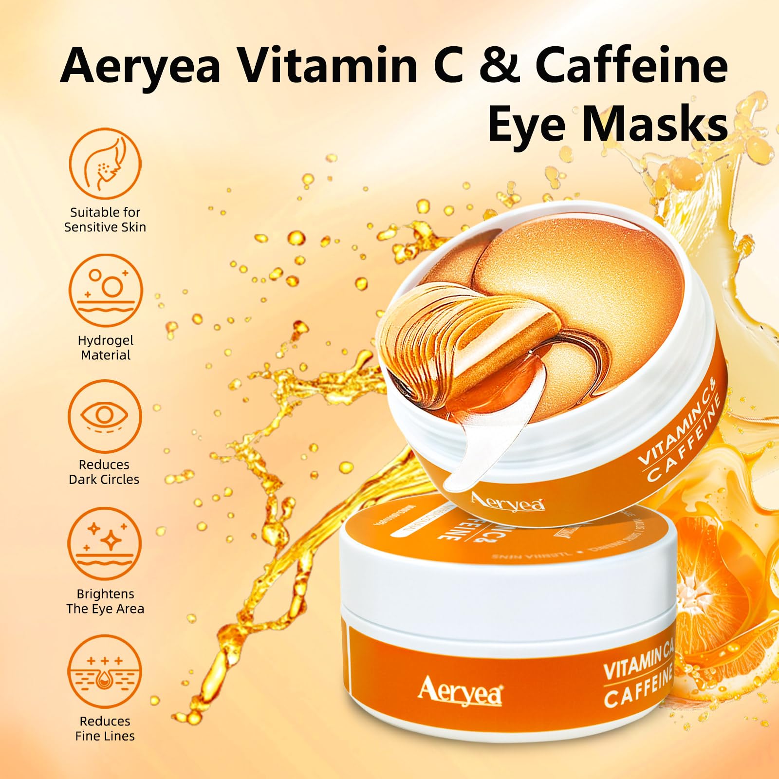 Bright orange hydrogel eye masks with vitamin C and caffeine showcasing texture