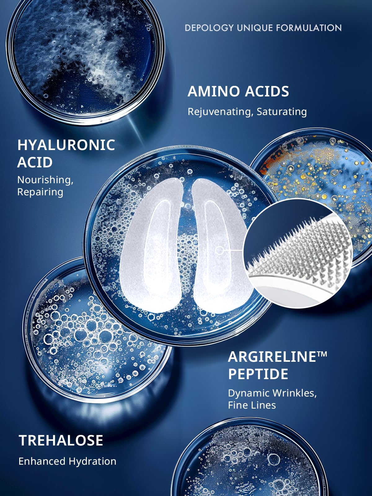 Depology anti aging eye patches 4 pairs pack laid out on a clean skincare vanity backdrop