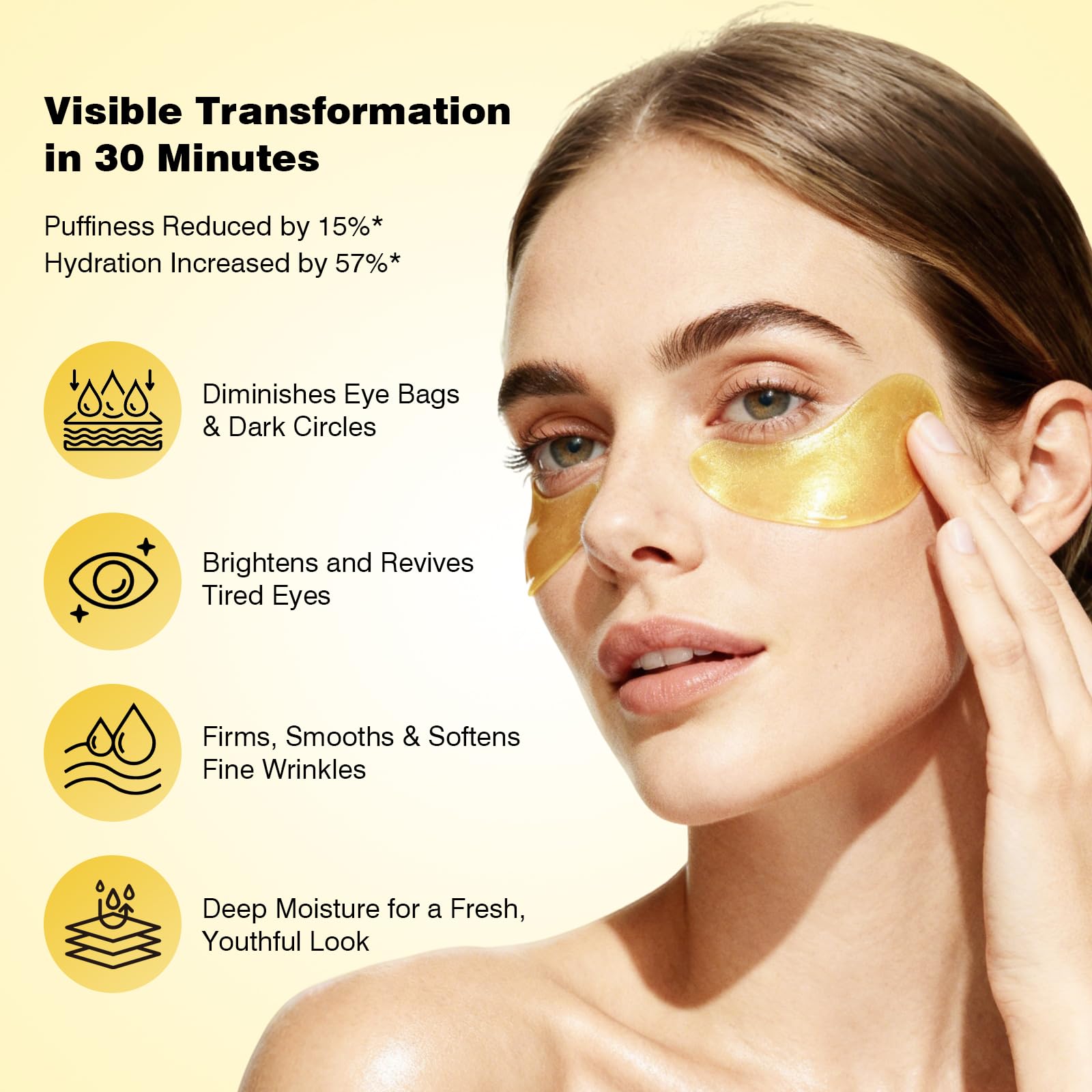 Gold hydrogel eye mask pads being applied to the under-eye area for dark circles treatment.