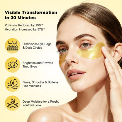 Gold hydrogel eye mask pads being applied to the under-eye area for dark circles treatment.