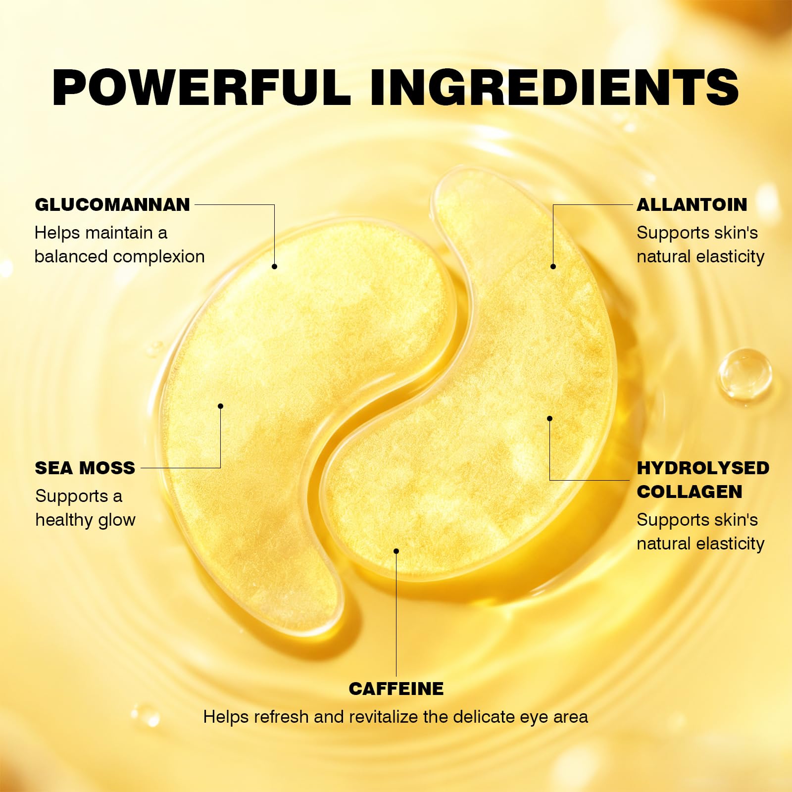 Anti-aging under-eye patches highlighting key ingredients like hyaluronic acid and vitamin C.