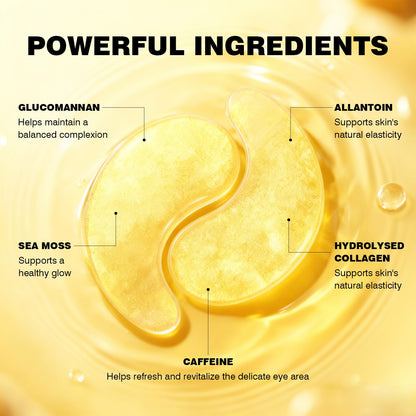 Anti-aging under-eye patches highlighting key ingredients like hyaluronic acid and vitamin C.