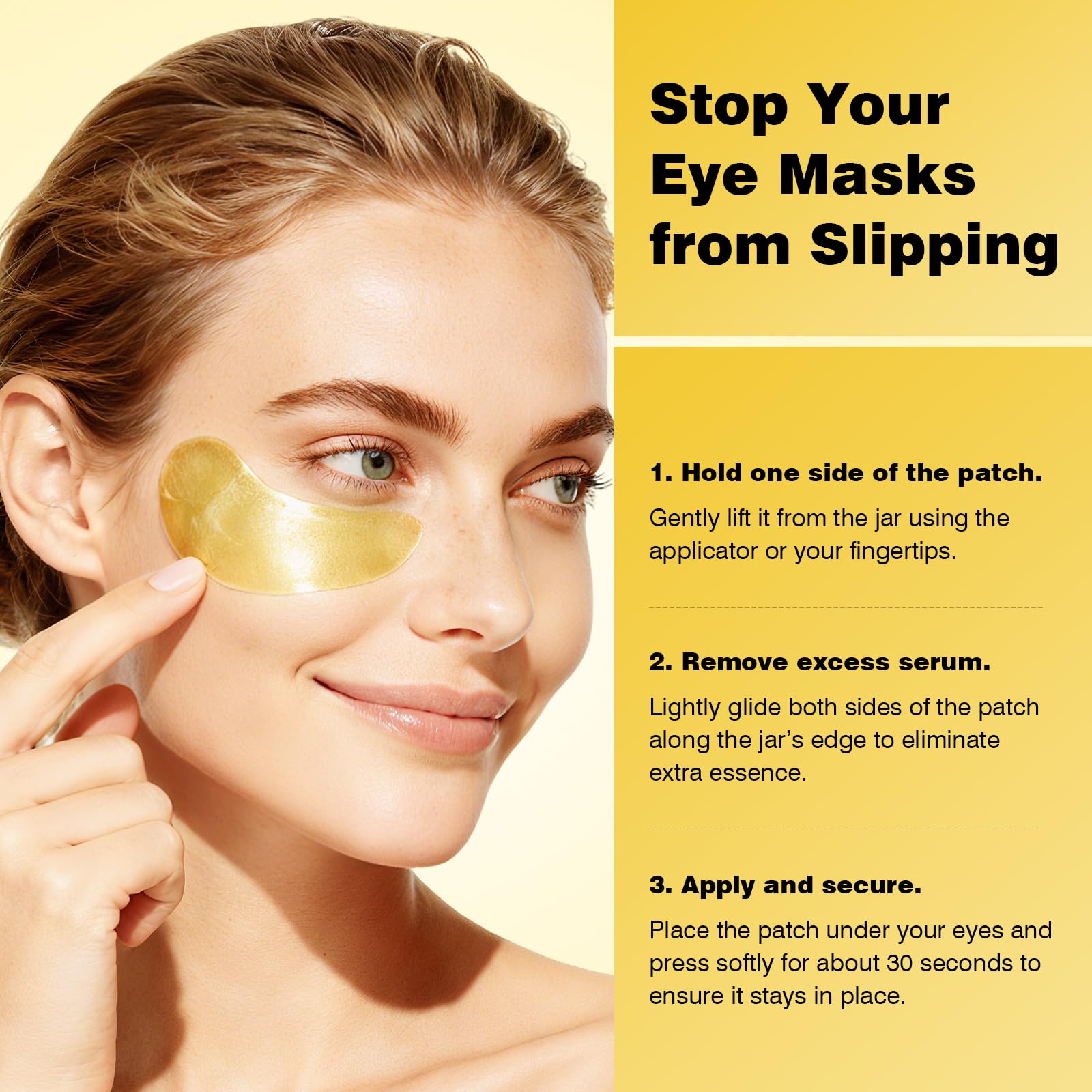 Close-up of premium gold eye patches container with protective inner lid and application spatula.