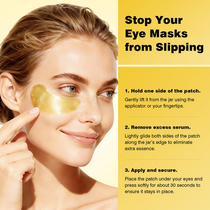 Close-up of premium gold eye patches container with protective inner lid and application spatula.
