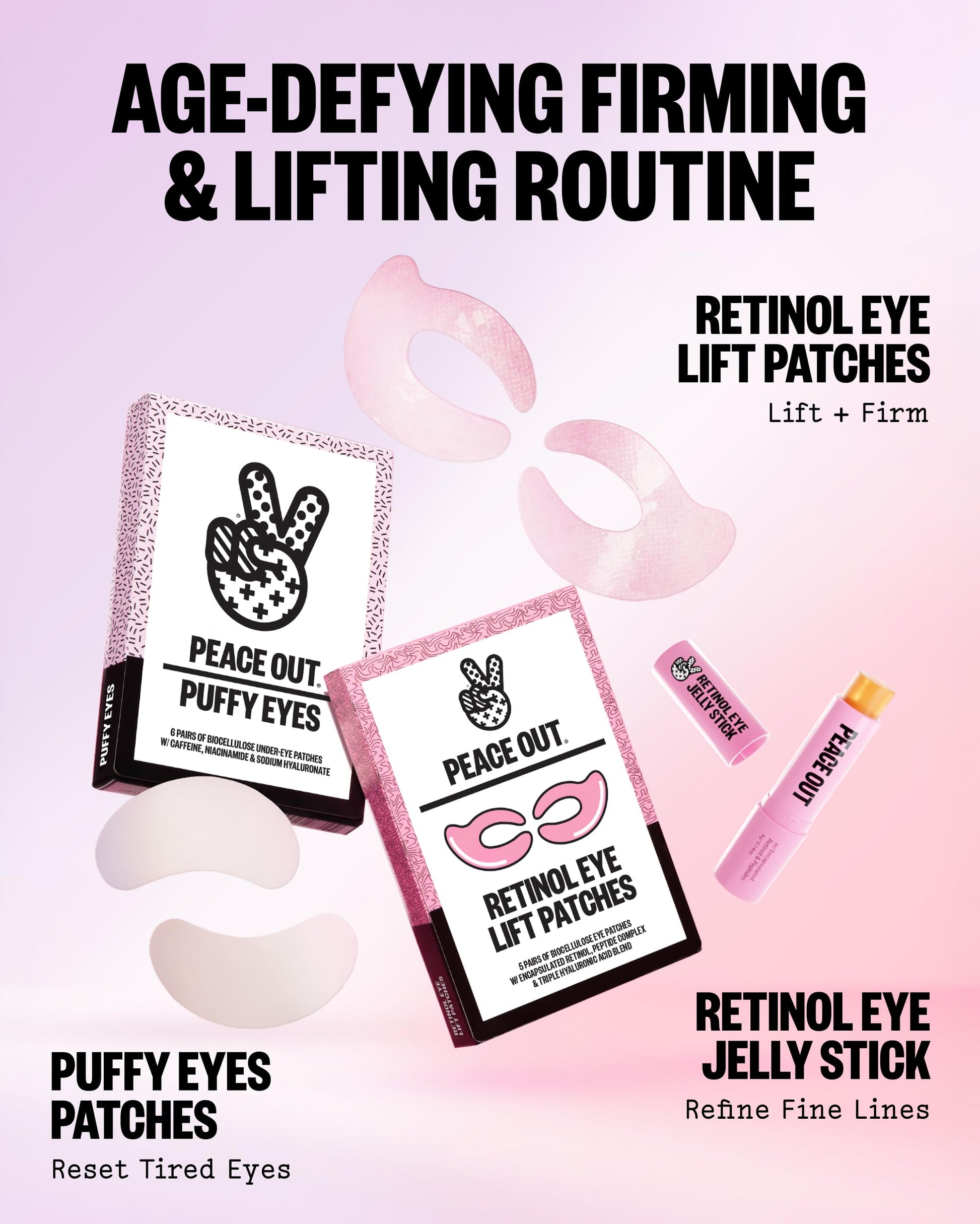 Authentic imported Peace Out skincare products box display for fine lines reduction