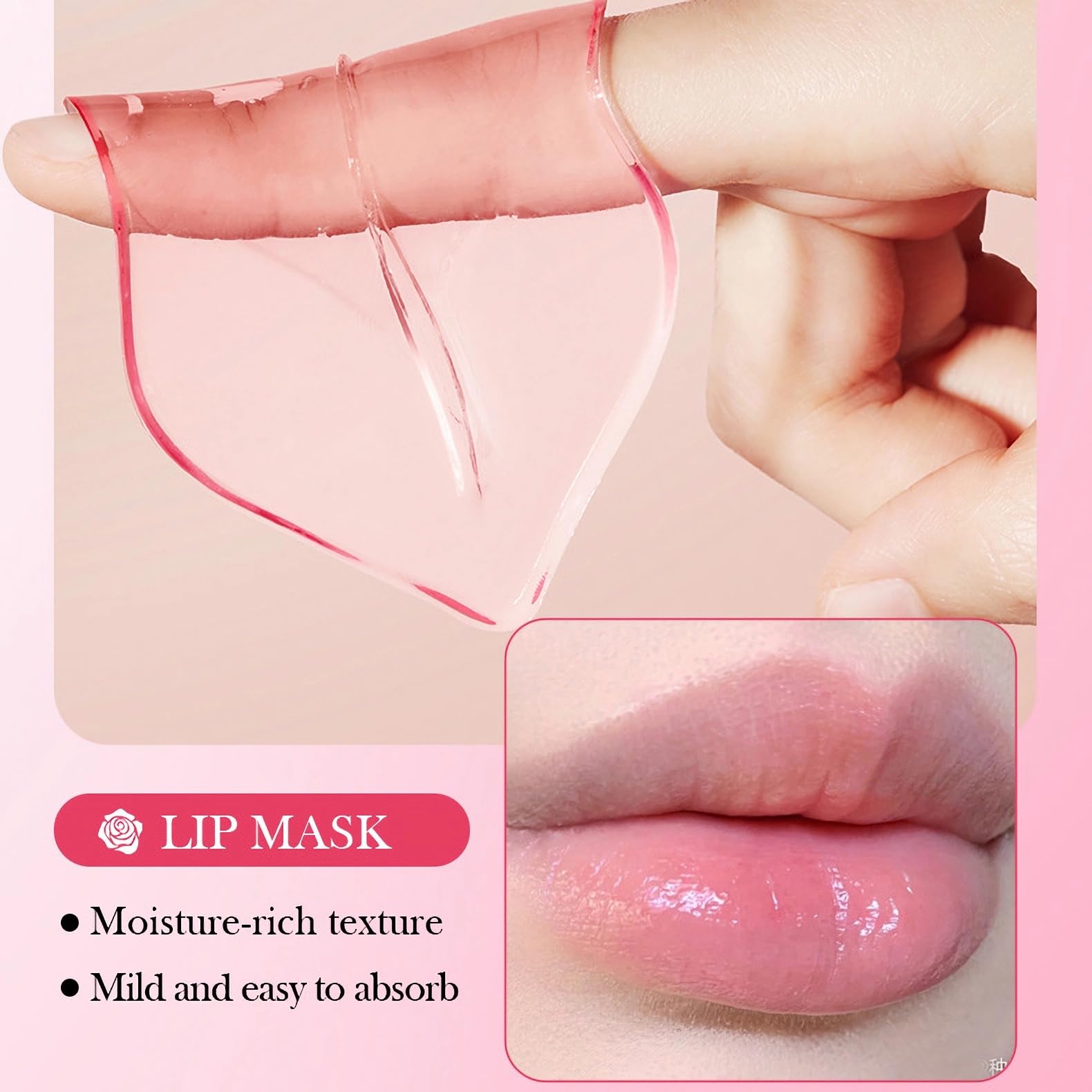 Pink hydrogel under-eye patches and matching lip patches displayed on a clean white background.