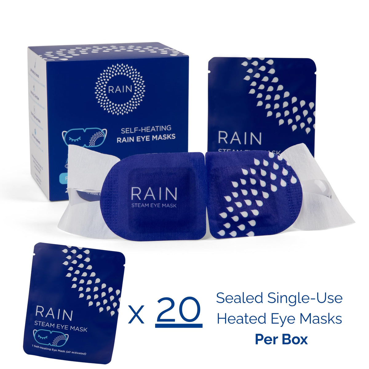 Complete twenty count box of Rain eye fatigue relief masks