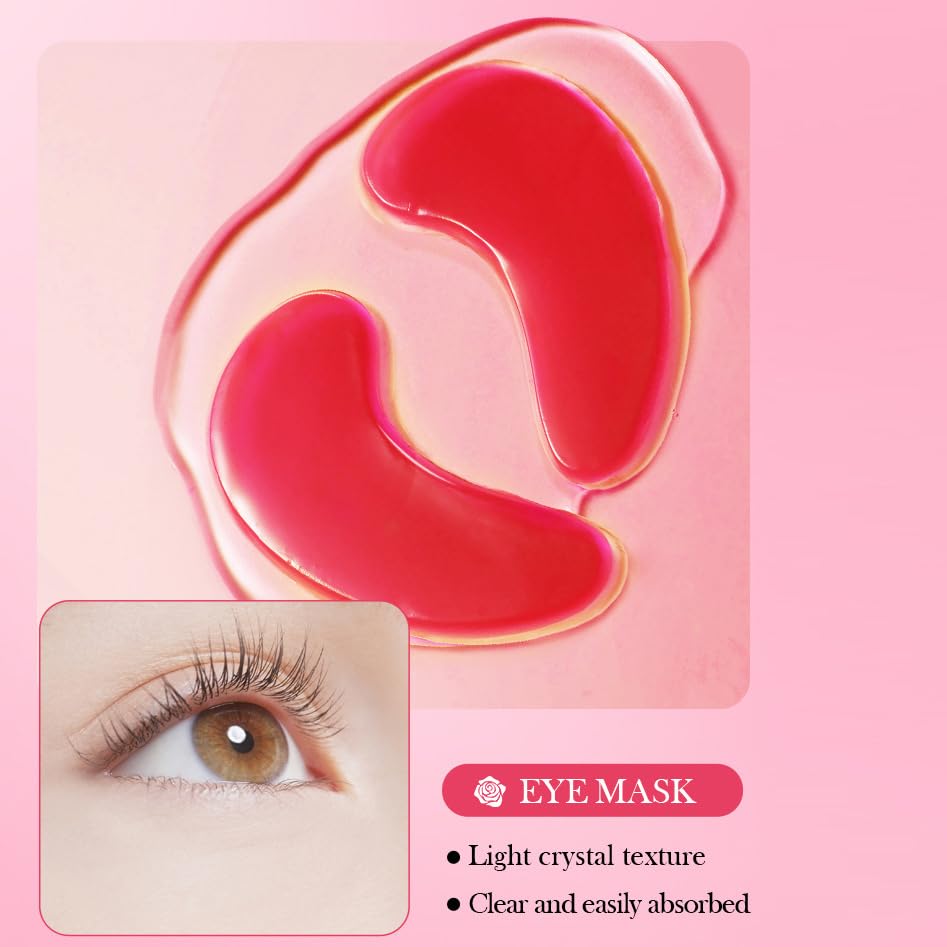 Close-up of the individually wrapped rose extract hydrogel masks highlighting hygienic packaging for travel.