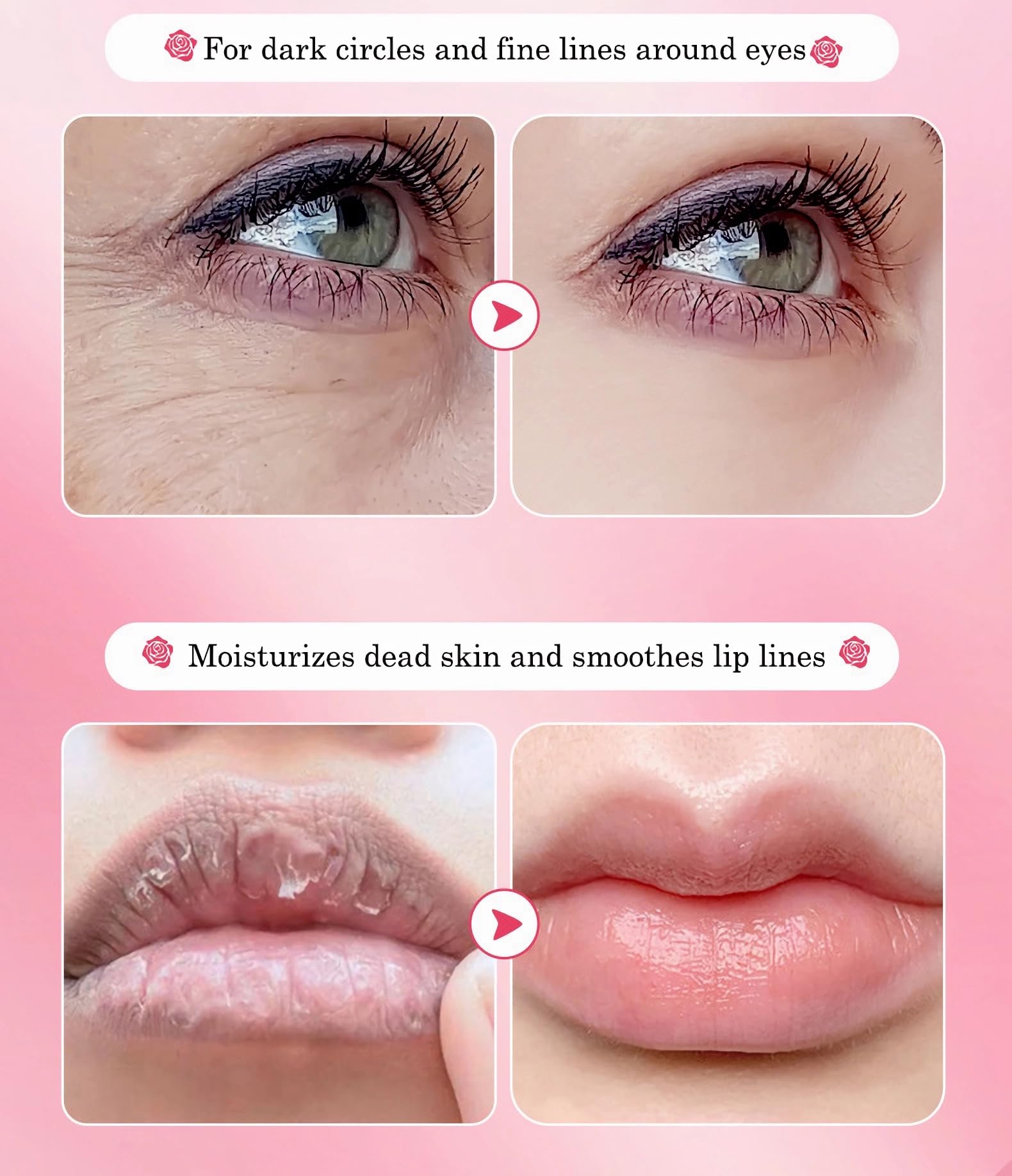 Demonstration of the hydrating pink lip patch applied on lips for deep moisturizing treatment.