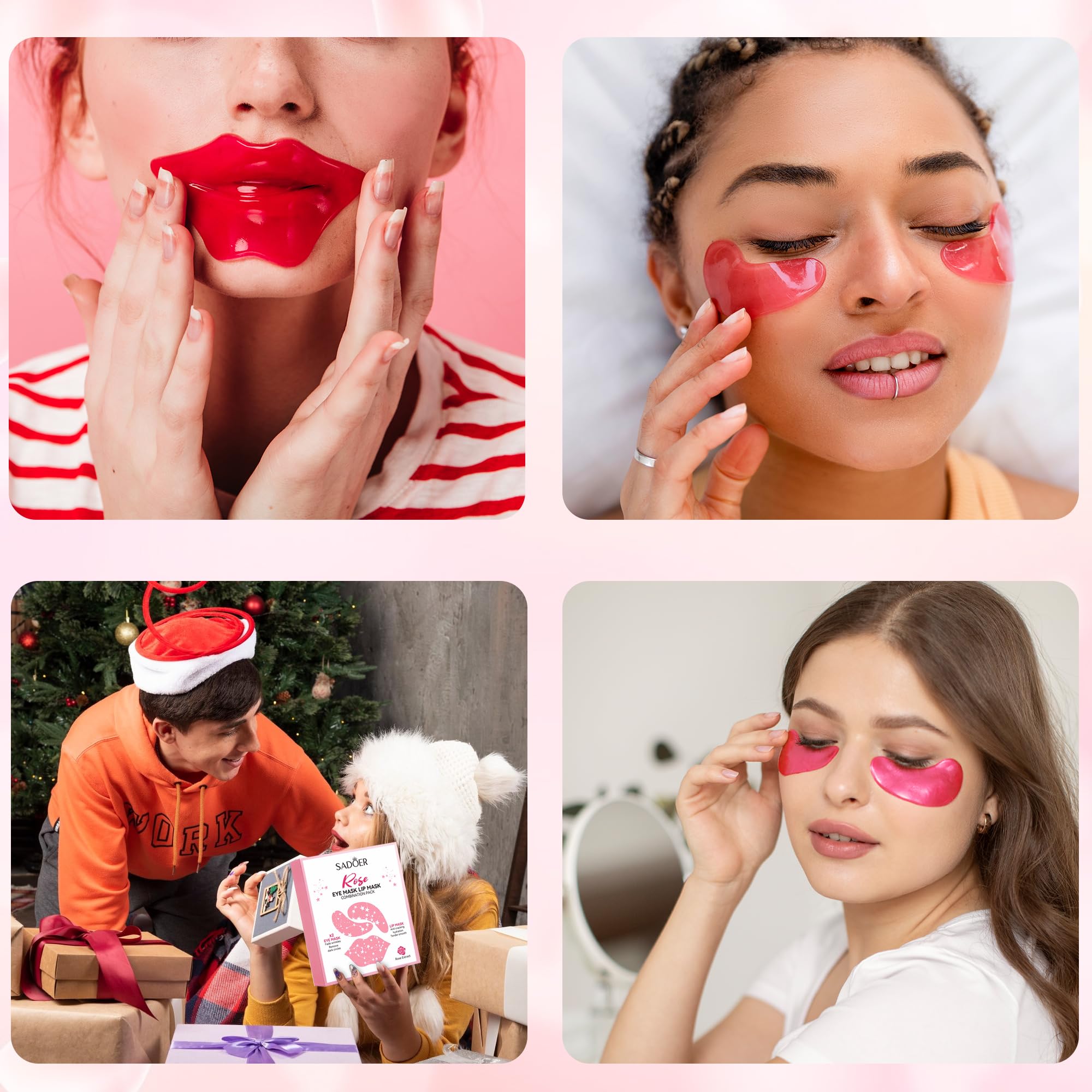 Demonstration of the cooling rose under-eye patches positioned below the eyes to reduce puffiness.