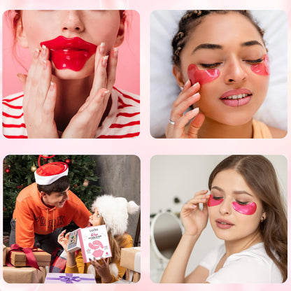 Demonstration of the cooling rose under-eye patches positioned below the eyes to reduce puffiness.