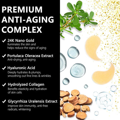 LA MIURA 24K gold eye patch being applied under the eye for anti-aging skincare benefits.
