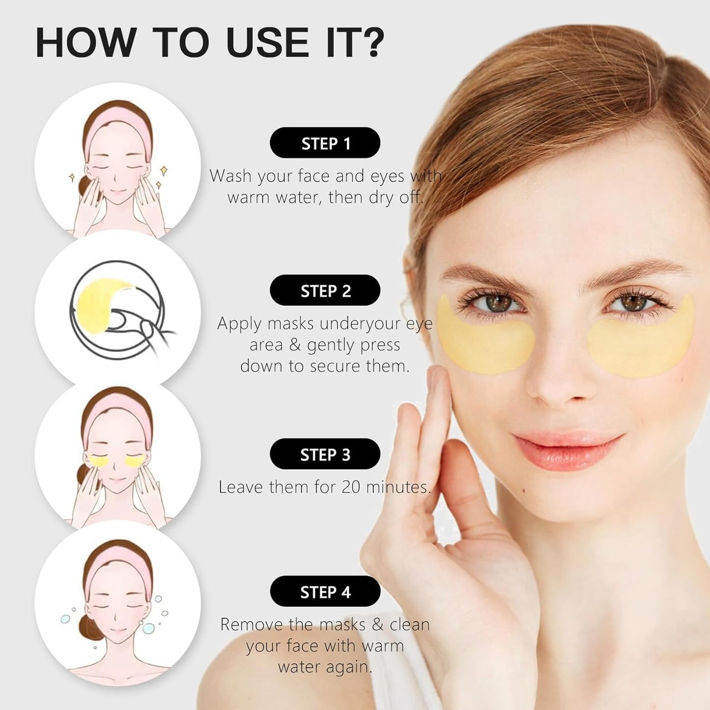 LA MIURA 60 pieces eye mask packaging box showcasing its rejuvenating and depuffing features.