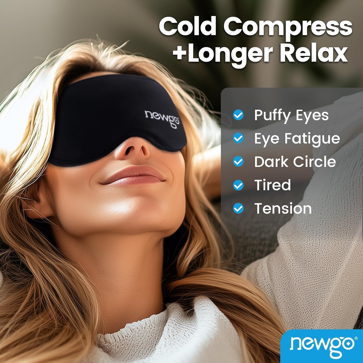 NEWGO hot cold therapy eye compress showcasing the adjustable elastic strap for secure fit