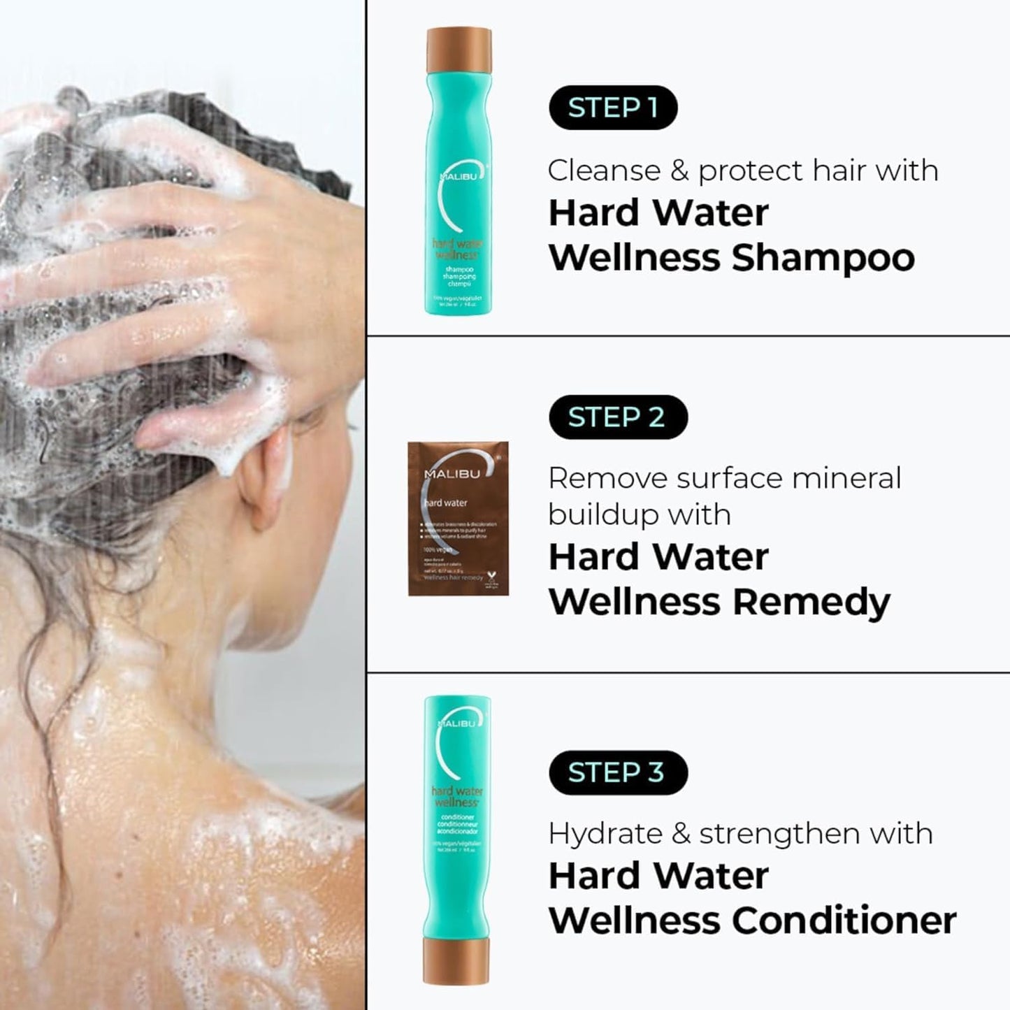 Texture shot of Malibu C Hard Water Wellness Shampoo gel being applied