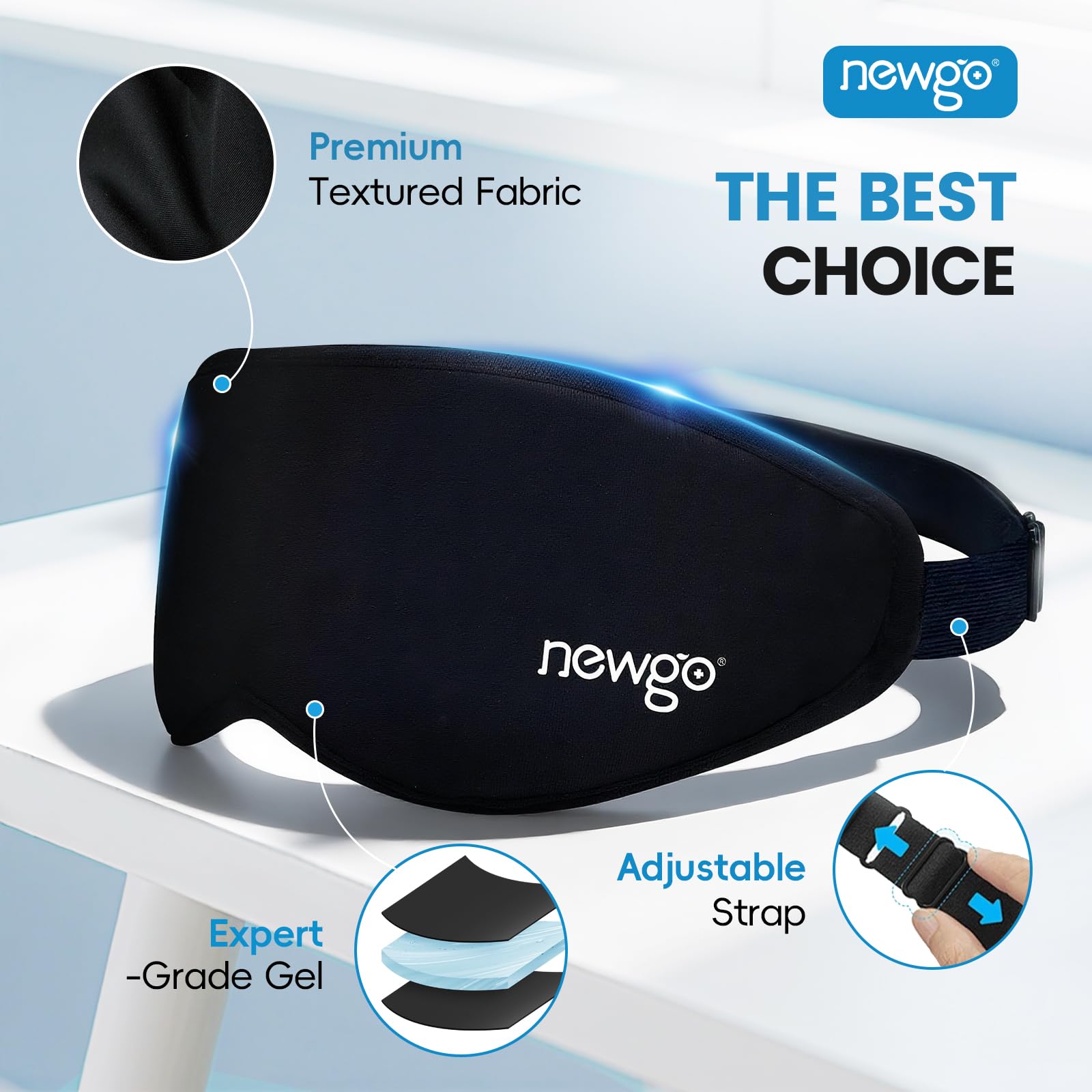 NEWGO zero eye pressure blackout shield demonstrating the deep contour eye cups