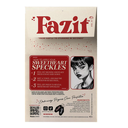 Model wearing Fazit heart-shaped glitter freckle makeup patches on cheeks and nose bridge.