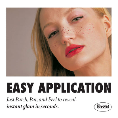 Step by step application guide for Fazit temporary glitter face patches using a damp cloth.
