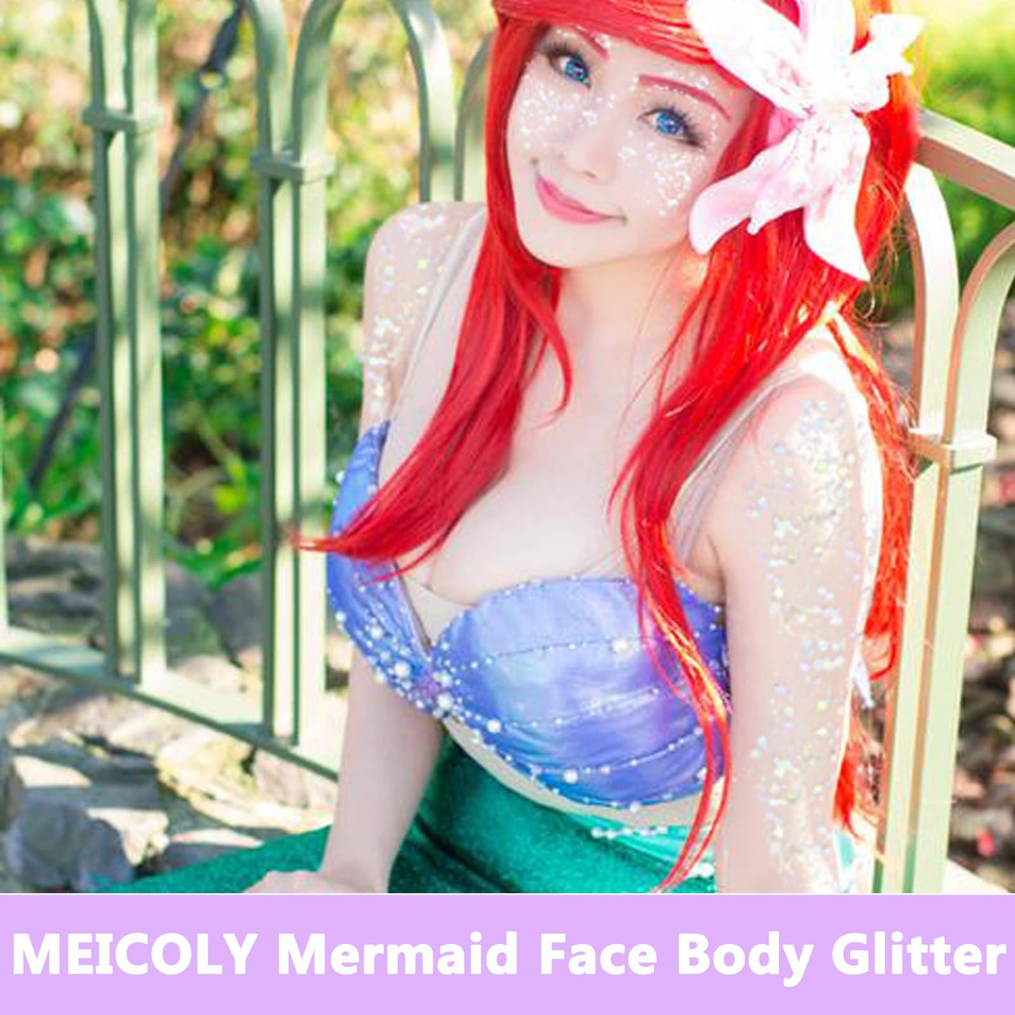 Holographic chunky face glitter applied to a models cheekbones for festival makeup