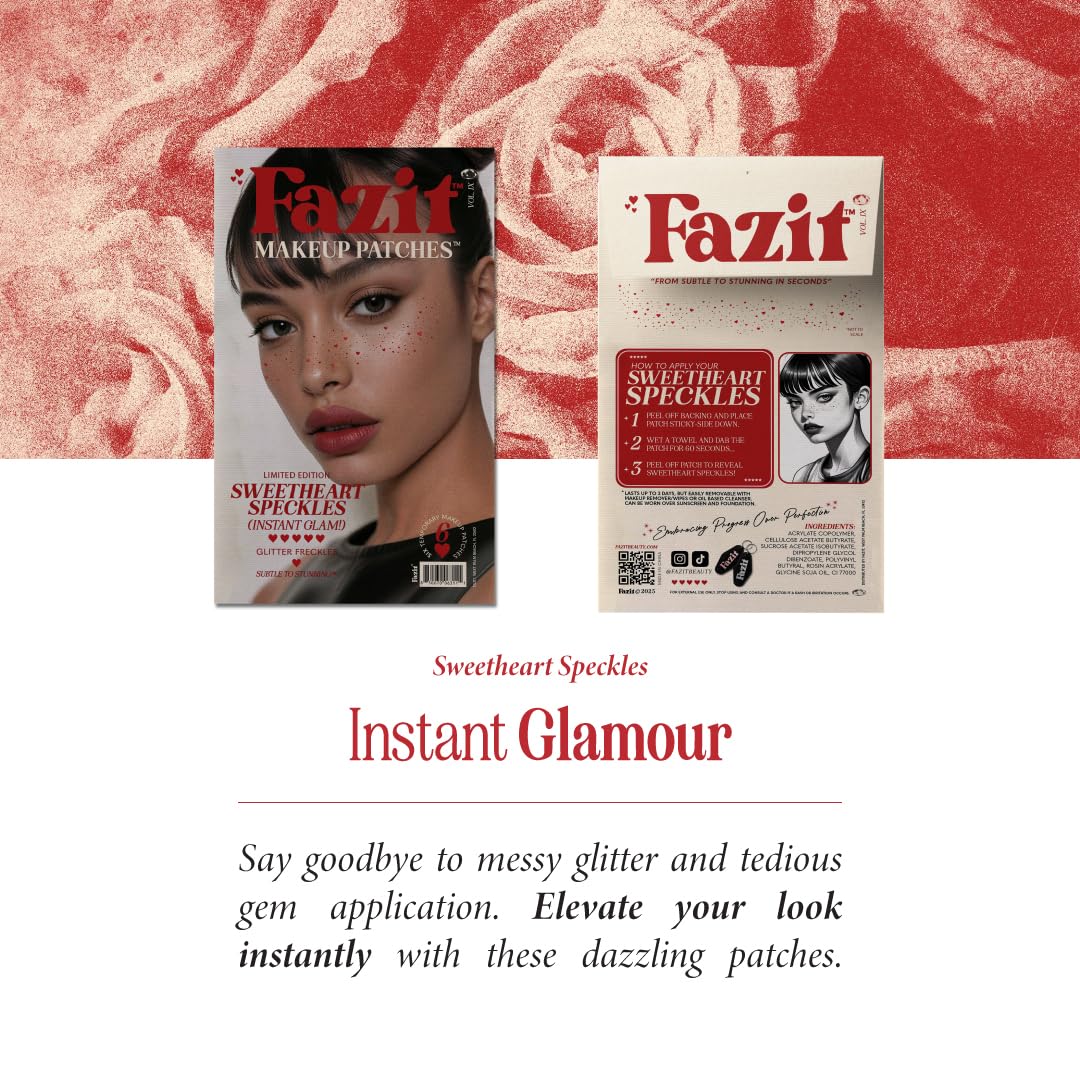 Festival makeup look featuring Fazit red and pink shimmering face glitter accessory patches.
