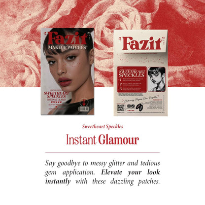 Festival makeup look featuring Fazit red and pink shimmering face glitter accessory patches.
