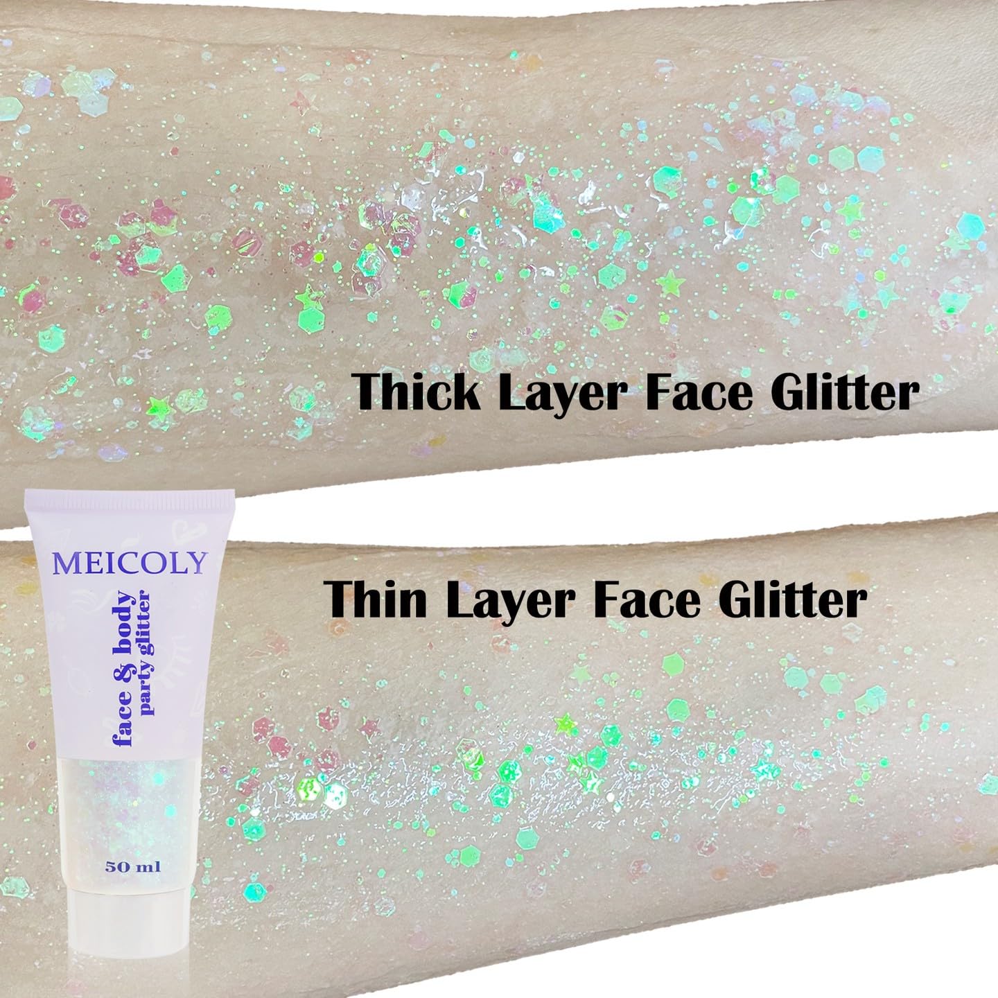 Rainbow laser shift effect of the white glitter sequins under direct concert lighting