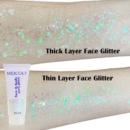 Rainbow laser shift effect of the white glitter sequins under direct concert lighting