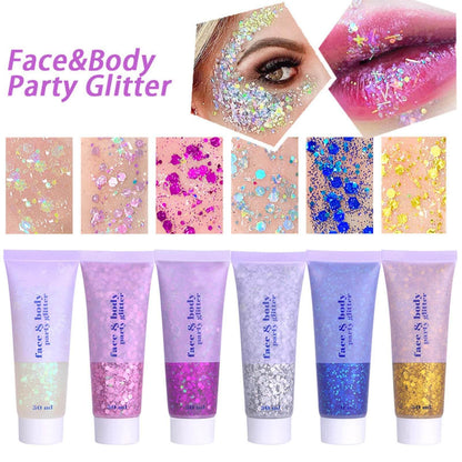 Safe and gentle cosmetic formula layout showcasing the clean lifestyle glitter application