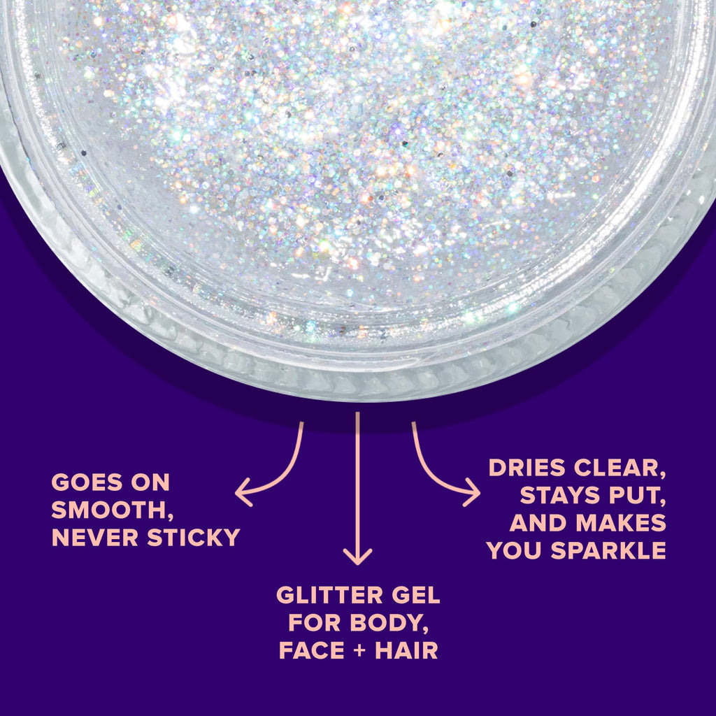 Model wearing Unicorn Snot holographic hair and face shimmer
