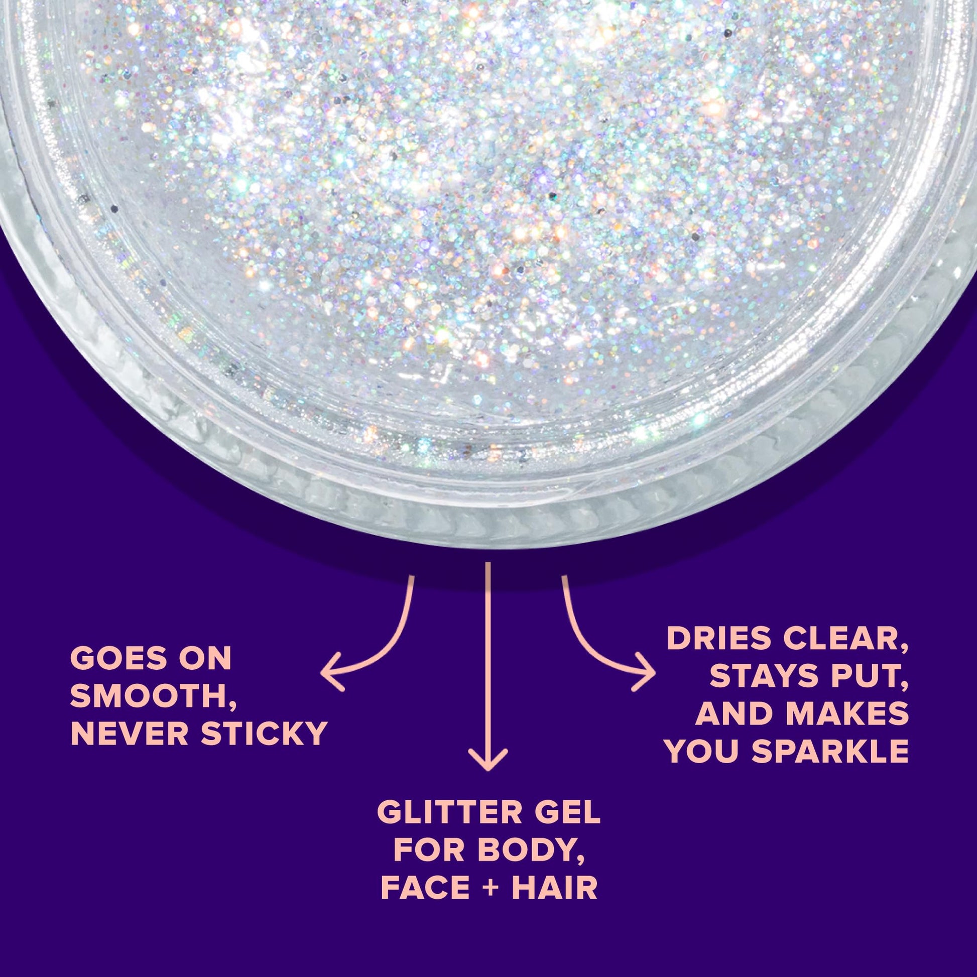 Swatch of multi dimensional holographic silver hair and body shimmer gel on skin.