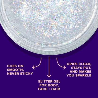 Swatch of multi dimensional holographic silver hair and body shimmer gel on skin.
