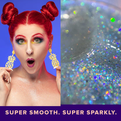 Model showcasing festival makeup look using imported vegan silver glitter gel on cheekbones.