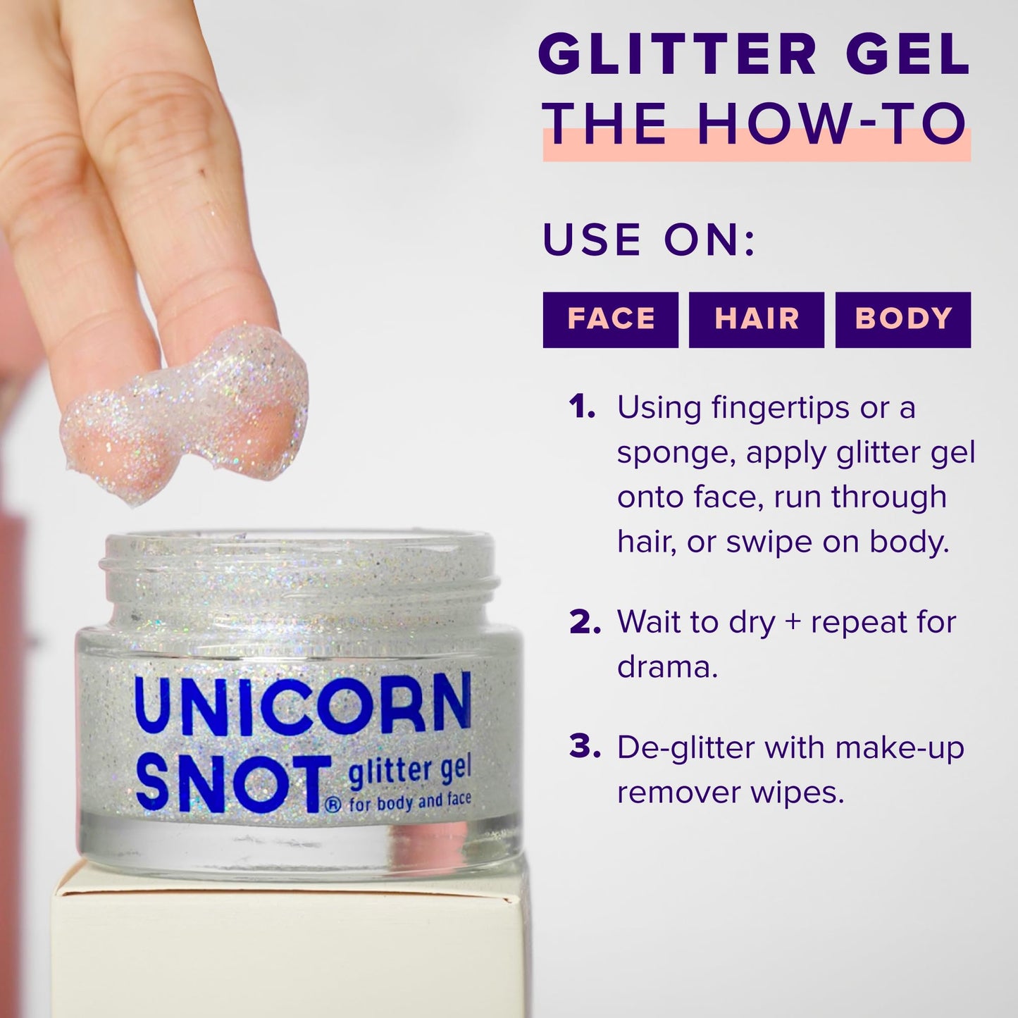 Back label of Unicorn Snot glitter gel showing directions and cruelty free certification.
