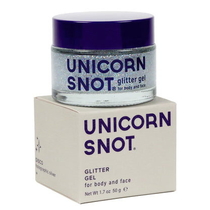 Water resistant holographic silver cosmetic shimmer gel safe for hair and face application.