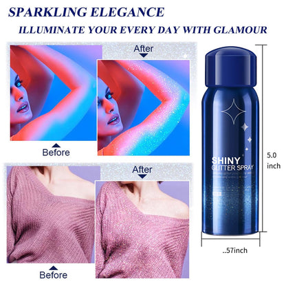 Close up of iridescent silver glitter spray particles reflecting light on hair