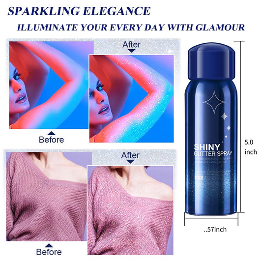 Close up of iridescent silver glitter spray particles reflecting light on hair