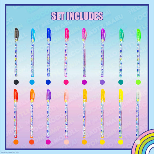 Sixteen colorful non toxic glitter body art gel pens arranged in a row