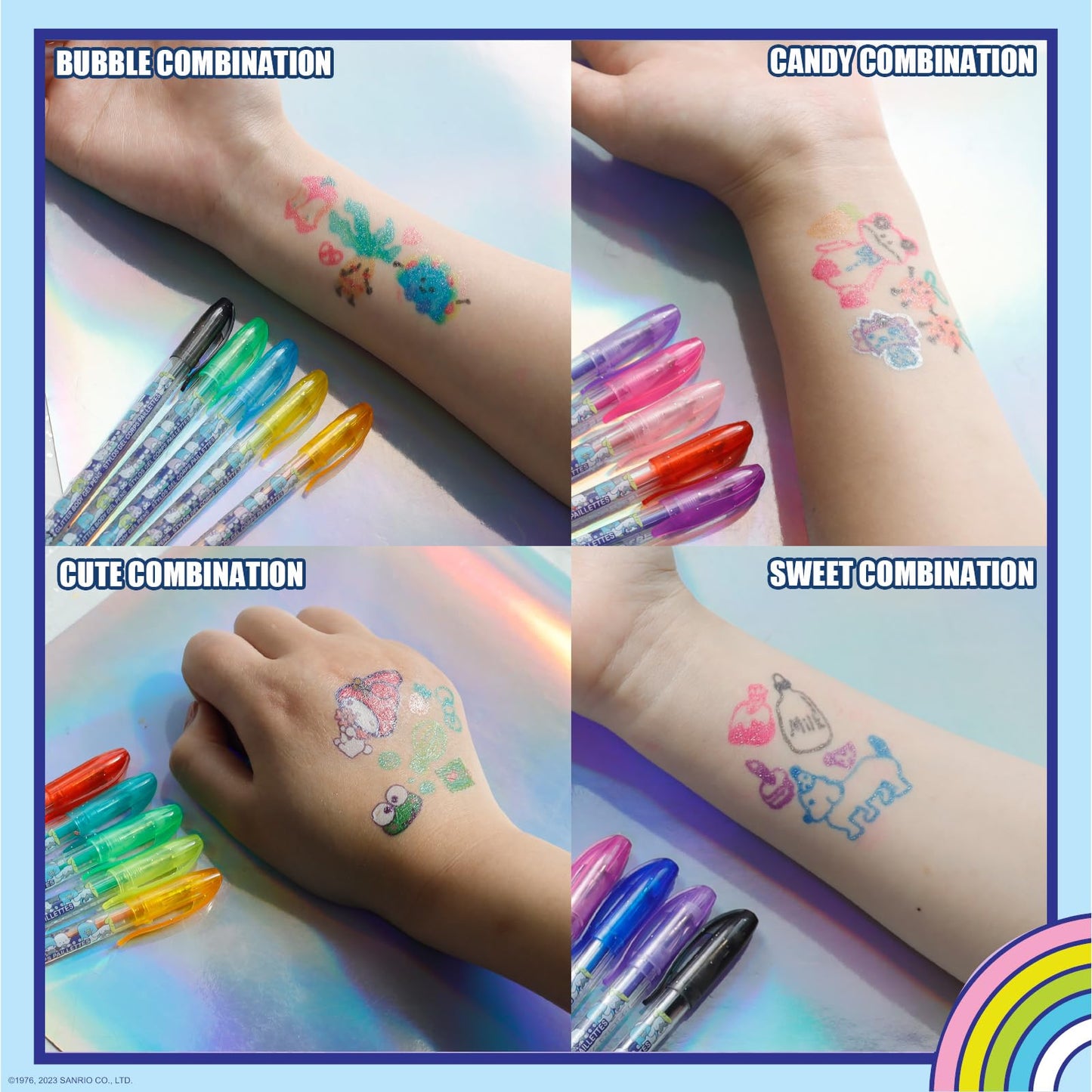 Close up of Hello Kitty character branding on the glitter pen barrels