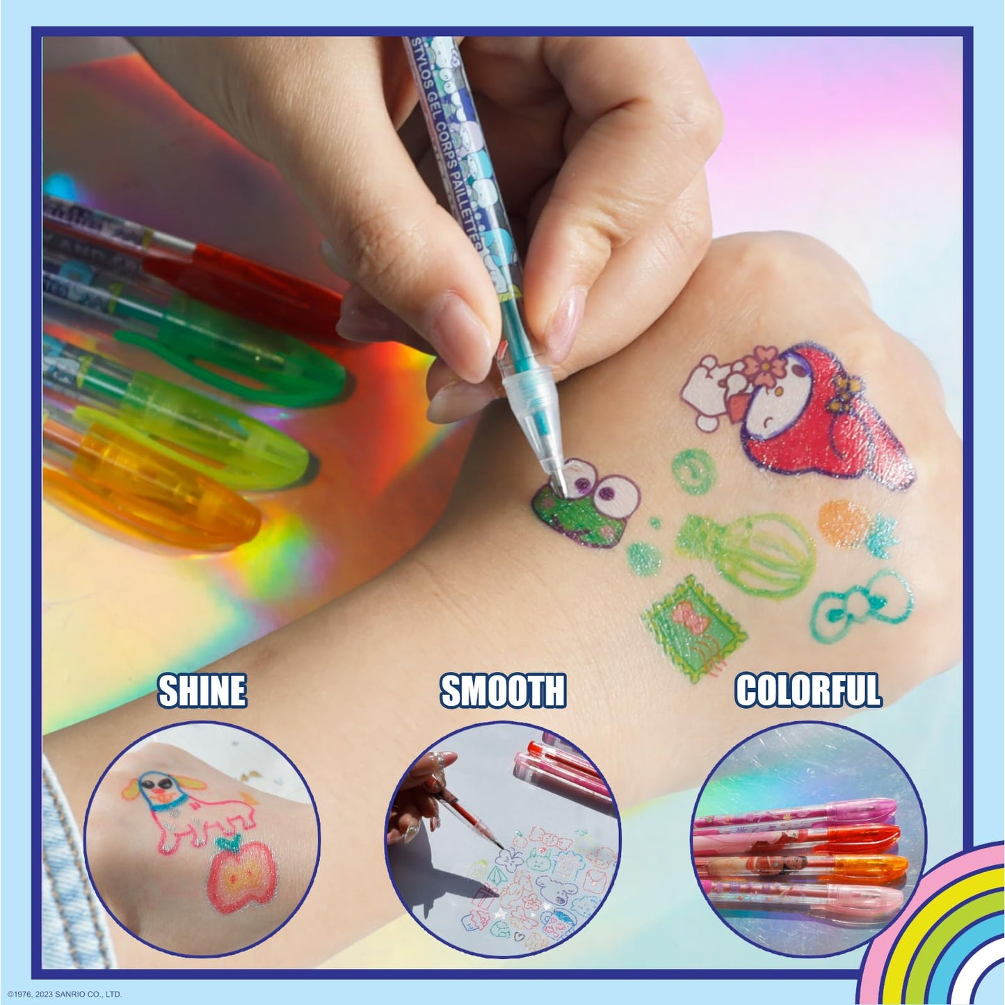 Vibrant glitter ink swatches of pink blue green and gold body pens