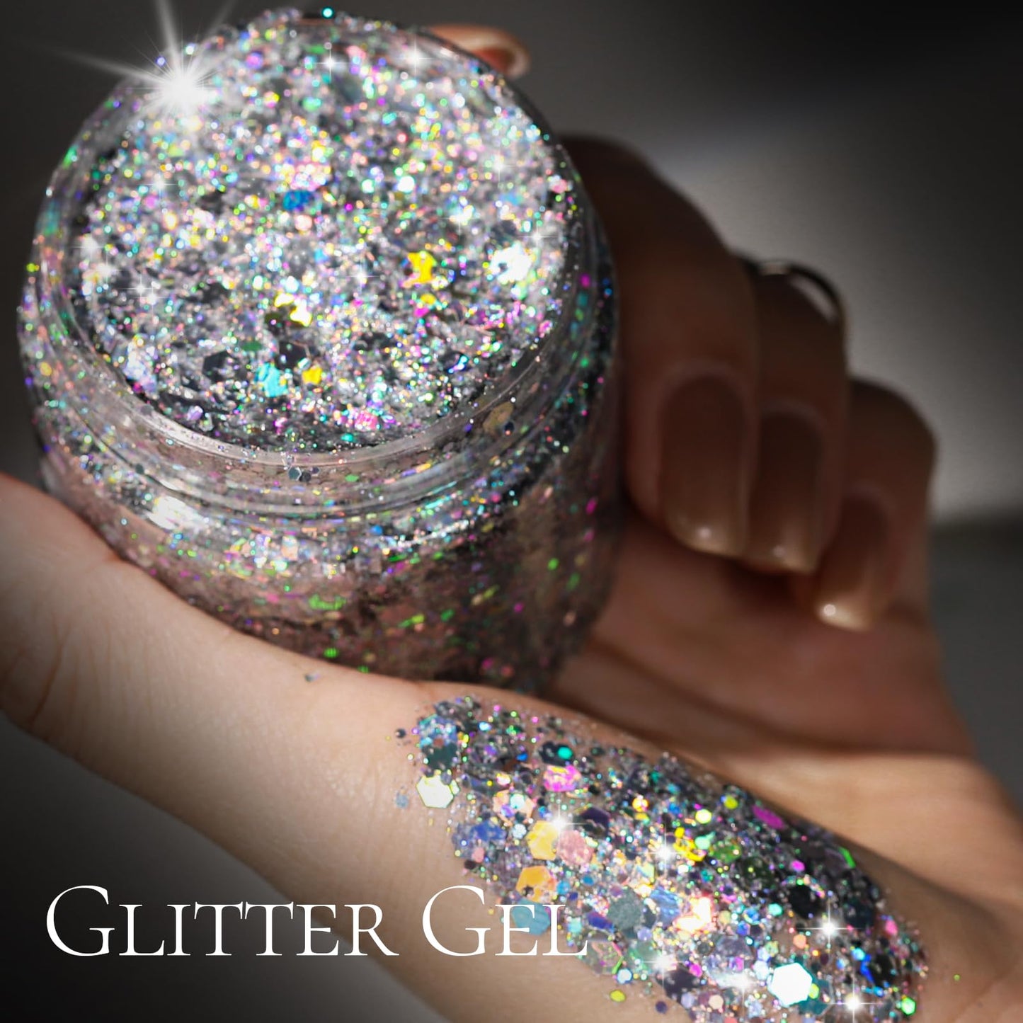 Teenitor multi-purpose face and hair glitter gel applied on a model for festival makeup look inspiration
