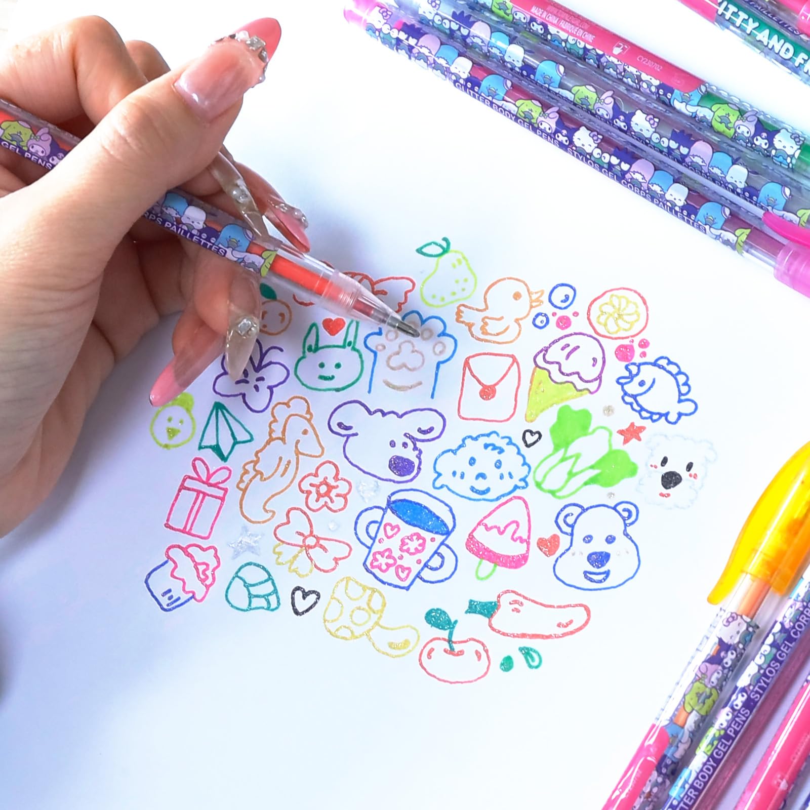 Back design of Townley Girl glitter gel pens showing safety symbols