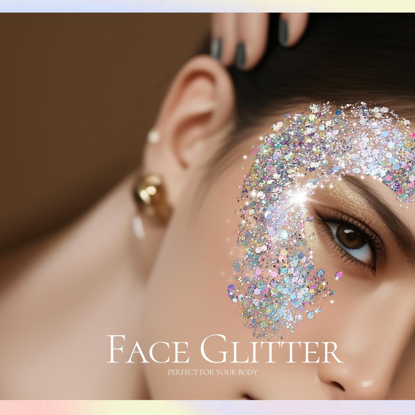 Water-based silver holographic cosmetic glitter gel demonstrating smooth application on skin