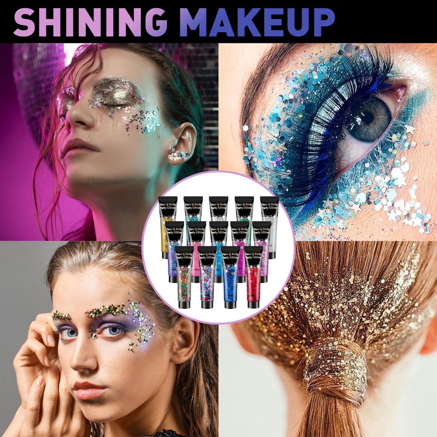 AROIC festival body sparkle makeup tubes highlighting the green purple and gold shades