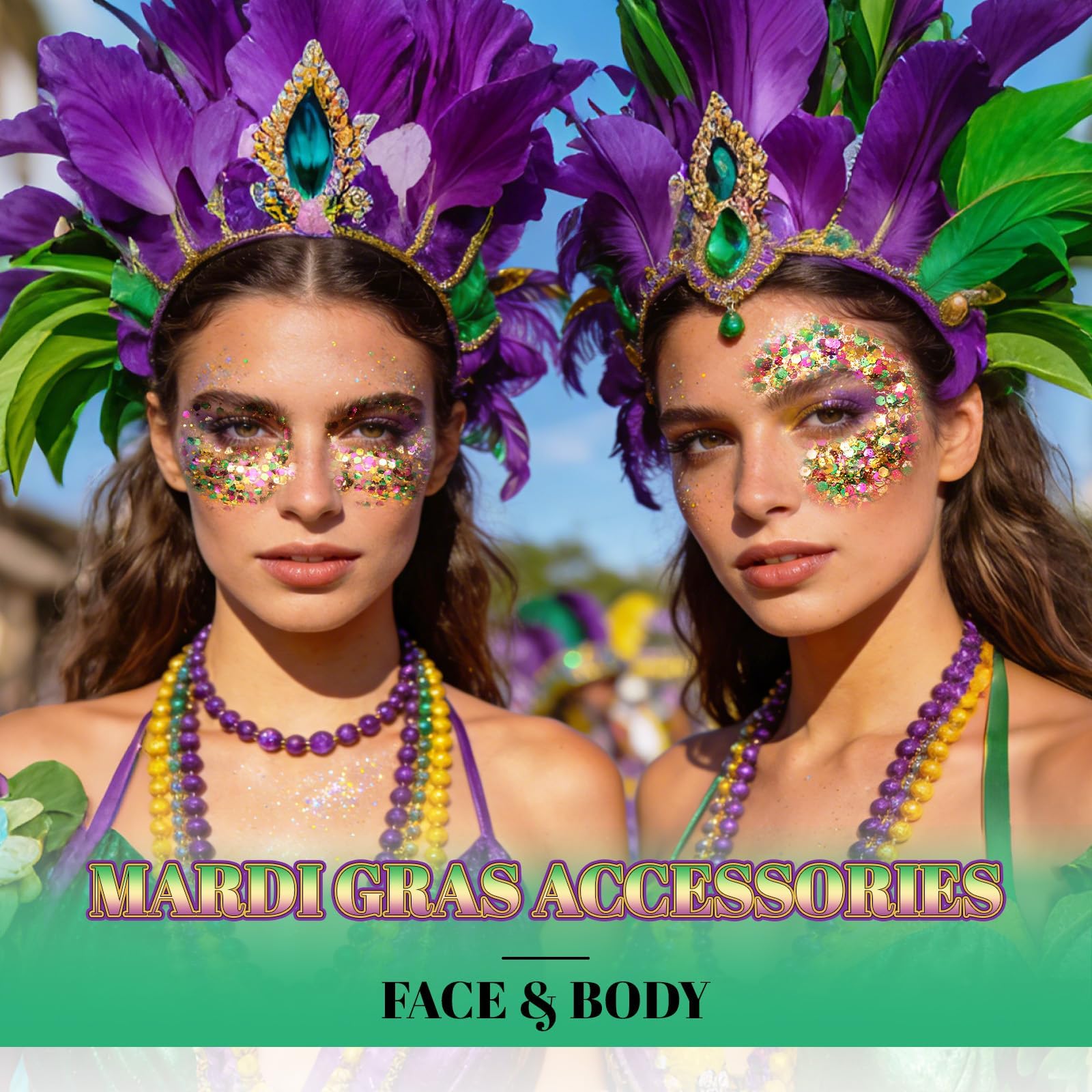 Holographic chunky face and hair glitter gel applied on cheekbones for carnival makeup look