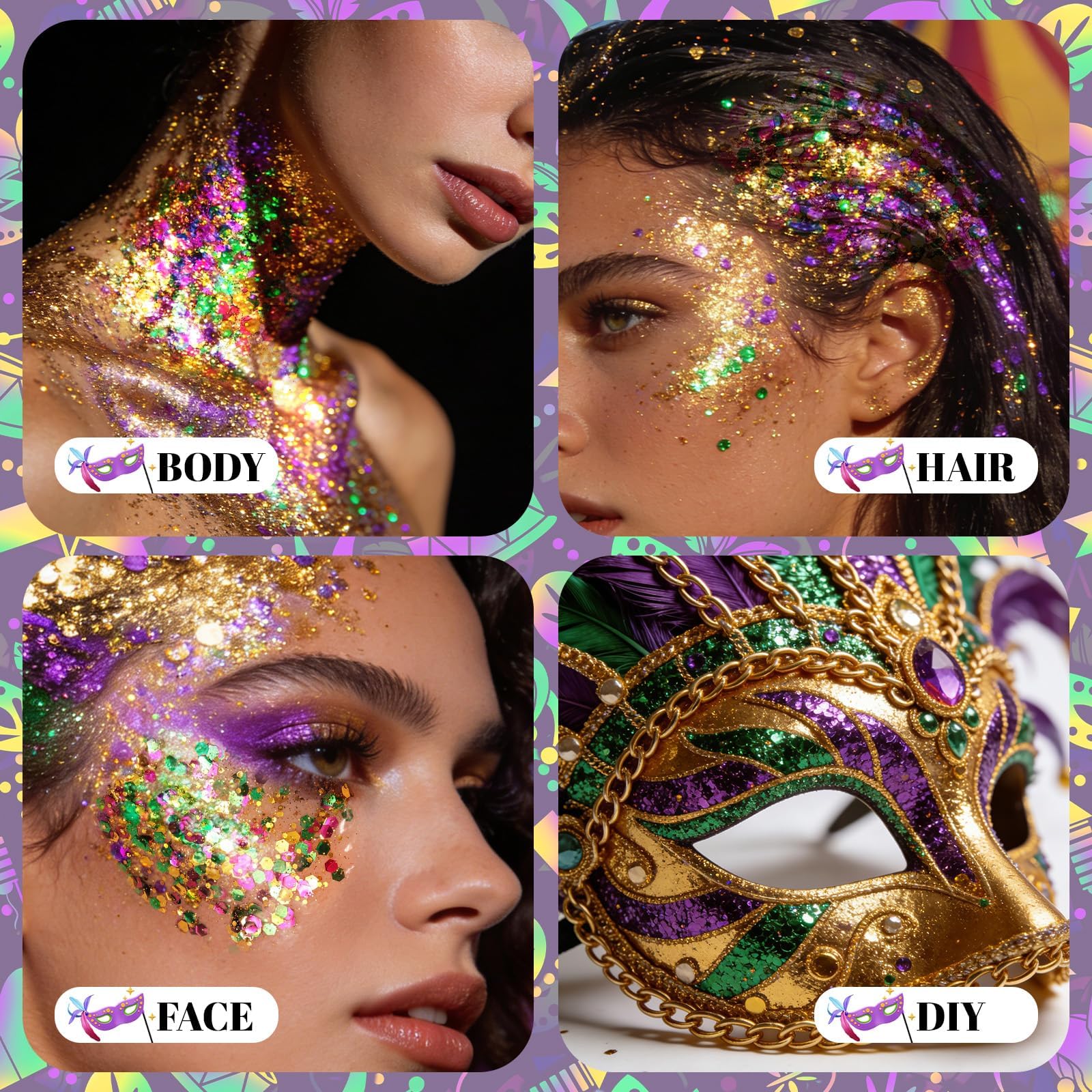 Squeezable 50 milliliters container of green purple and yellow carnival body glitter shimmer