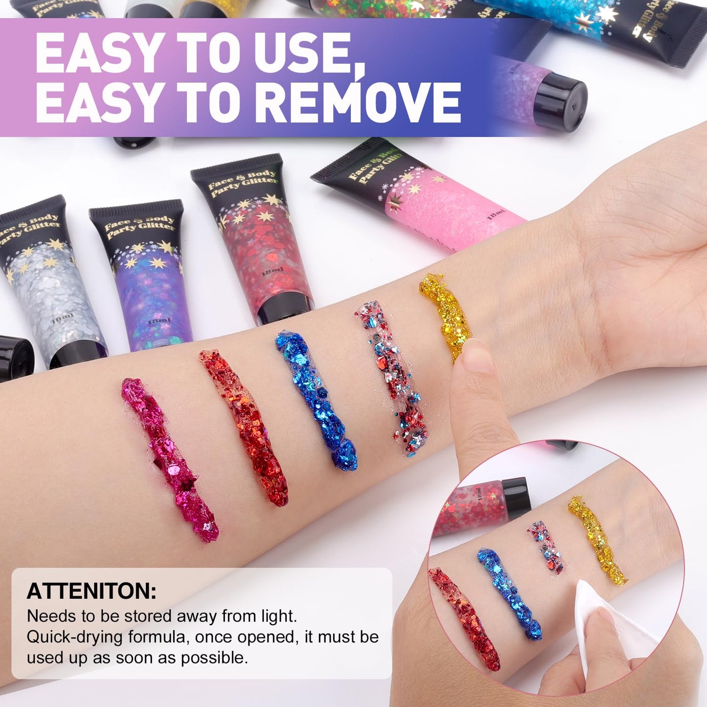 Quick drying AROIC face paint sparkle gel set displaying fourteen individual color variations